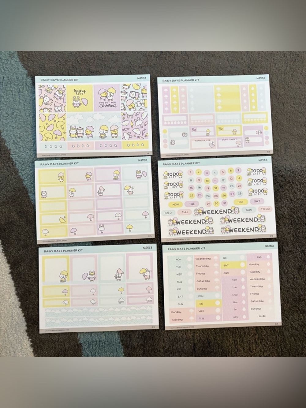 Hubman and Chubgirl Rainy days planner kit six pages of stickers umbrella ducks